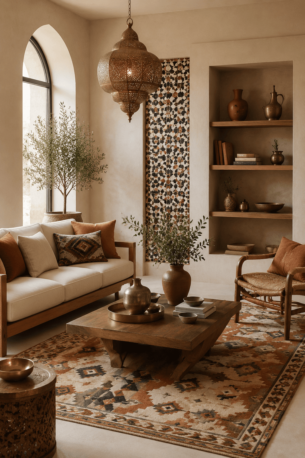 A styled living room with Moroccan-inspired decor
