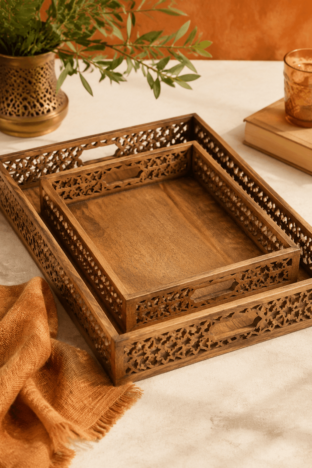 Carved Wood Tray Pair