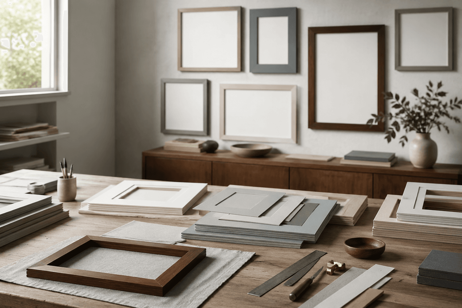 A workshop table of neutral frame components and tools